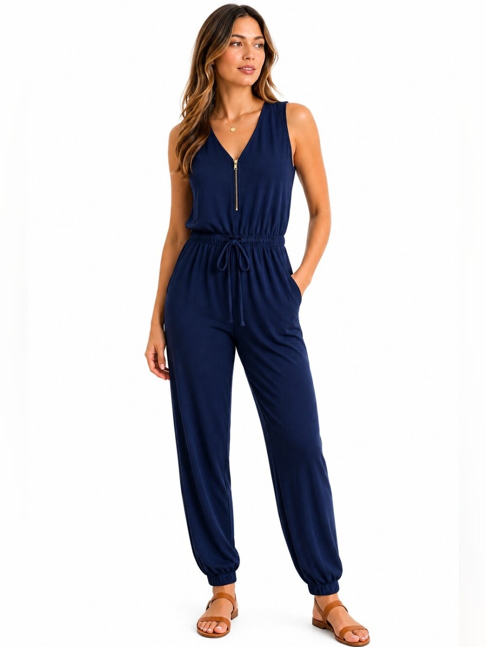 MAJORA Navy Blue Sleeveless Jumpsuit Drawstring Waist Zip Front Womens XL